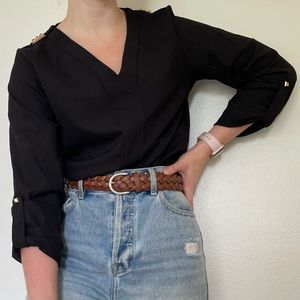 Zara Brass Studded V-Neck 3/4 Sleeve Blouse